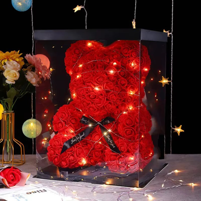 Valentine Gifts Decoration Rose Bear Artificial Flower with Box Lights Teddy Bear for Women Girlfriend Birthday Gift Love Flower