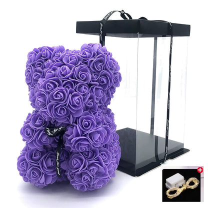 Valentine Gifts Decoration Rose Bear Artificial Flower with Box Lights Teddy Bear for Women Girlfriend Birthday Gift Love Flower